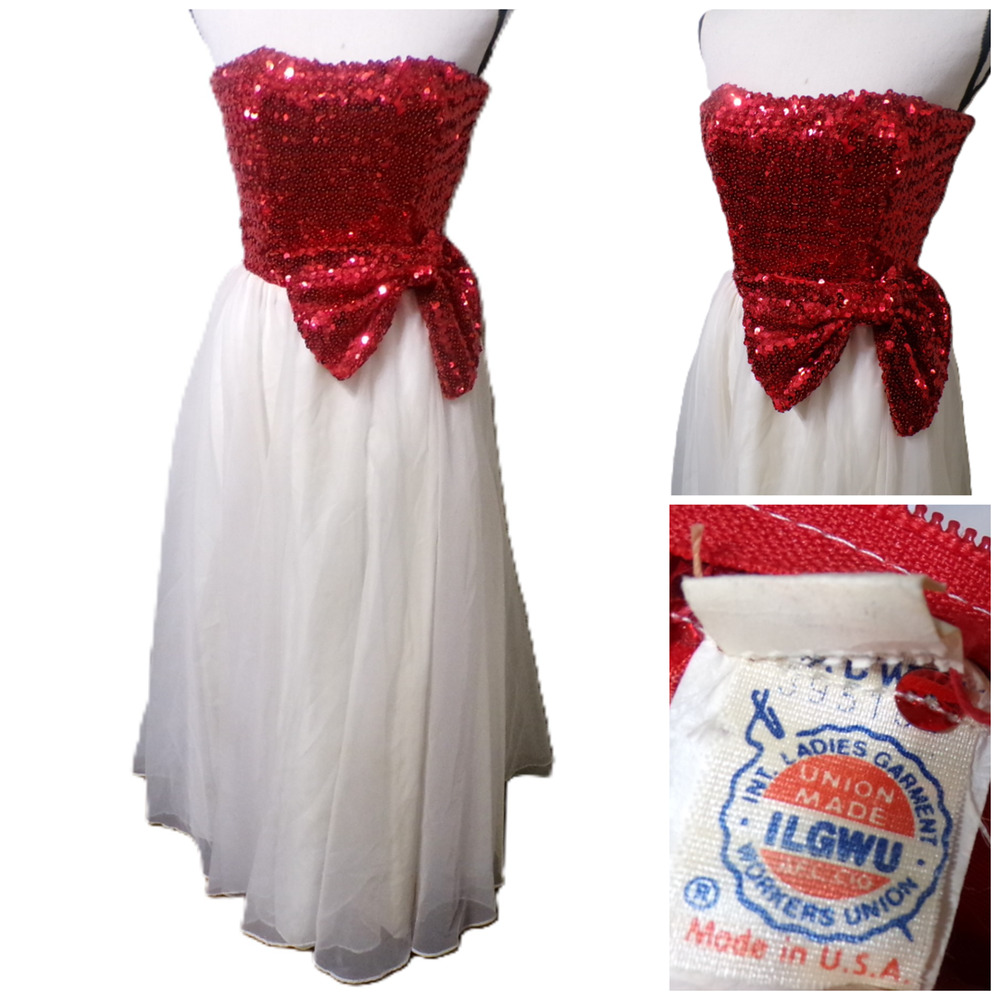 Vtg 70s Strapless Dress XS Red Sequin top & Bow Ivory Chiffon Vamp Kitschy-Chic